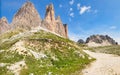 tre cime in the dolomites. fantastic mountain world in tyrol. hiking trail in the mountains. Cortina d'Ampezzo, misurina Royalty Free Stock Photo