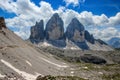 Tre Cime di Lavaredo Drei Zinnen , are three of the most famous peaks of the Dolomites, in the Sesto Dolomites, Italy. Royalty Free Stock Photo