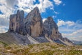 Tre Cime di Lavaredo Drei Zinnen , are three of the most famous peaks of the Dolomites, in the Sesto Dolomites, Italy. Royalty Free Stock Photo