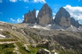 Tre Cime Three Peaks di Lavaredo Drei Zinnen , are three of the most famous peaks of the Dolomites, in the Sesto Dolomites, It Royalty Free Stock Photo