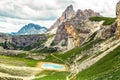 Tre cime unique landscape from Cengia Lake, Dolomite Alps, Trentino