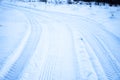 Tread texture of car wheels on snow. Winter road in January, December. Rural area and background of tractor tracks in the snow Royalty Free Stock Photo