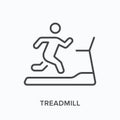 Treadmill flat line icon. Vector outline illustration of running machine and athlete. Black thin linear pictogram for Royalty Free Stock Photo