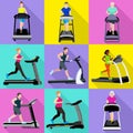 Treadmill icons set, flat style