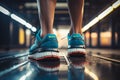 Treadmill training Close up of a mans feet in sports shoes