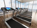 Treadmills inside a sports center in upper floors. 3D illustration