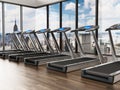 Treadmills inside a sports center in upper floors. 3D illustration