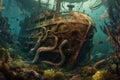 Treasure beneath: A sunken ship, octopus, gold and fish in stunning HD detail Royalty Free Stock Photo