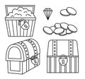 Treasure black and white chest icon set. Pirate line wooden coffers collection. Treasure island outline element or coloring page.