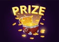 Treasure box. Chest with gold coins. Prize banner. Game level win. Ancient money. Goblet reward. Isolated wooden