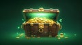 Treasure box, illustration of medieval ancient wooden cartoon chests on green background, game old pirate treasures, lock boxes