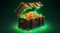 Treasure box, illustration of medieval ancient wooden cartoon chests on green background, game old pirate treasures, lock boxes