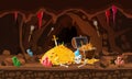 Treasure cave, gold pile, coins, chest, gems, crown, sword, crystals. Concept art for game, apps. Background cartoon