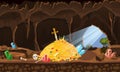 Treasure cave, gold pile, coins, gems, crown, sword, crystals. Concept art for game, apps. Background cartoon style