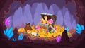 Treasure cave. Mine with pile of gold coins, crystals, old chest with map and gem, money bag and skull. Cartoon pirate