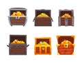 Treasure Chest as Fantasy Pirate Wooden Box with Gold and Jewelry Gems Vector Set