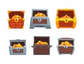 Treasure Chest as Fantasy Pirate Wooden Box with Gold and Jewelry Gems Vector Set
