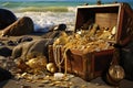 Treasure chest on the beach with stones and sea in the background, An open treasure chest filled with gold and jewelry on the