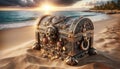 Treasure Chest on Beach at Sunset Royalty Free Stock Photo