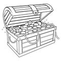 Treasure chest filled with gold treasure, gold coins, diamonds, pearls and jewelry. Vector black and white coloring page.