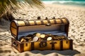 Treasure Chest Gold Coins on Tropical Beach