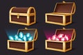 Treasure chest. Closed and open chests with gems jewelry. Medieval mystery pirate treasures illustration for game