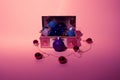 Treasure chest with colorful Christmas balls and decorations on  velvet with gold and pink ornaments. Flat lay concept Royalty Free Stock Photo