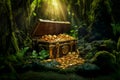 A treasure chest filled with gold coins is discovered in a mystical fairy forest cave, the scene painted in shades of