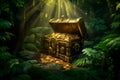 A treasure chest filled with gold coins is discovered in a mystical fairy forest cave, the scene painted in shades of