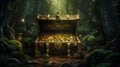 A treasure chest filled with gold coins is discovered in a mystical fairy forest cave, the scene painted in shades of