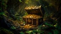 A treasure chest filled with gold coins is discovered in a mystical fairy forest cave, the scene painted in shades of