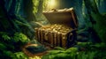 A treasure chest filled with gold coins is discovered in a mystical fairy forest cave, the scene painted in shades of