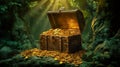 A treasure chest filled with gold coins is discovered in a mystical fairy forest cave, the scene painted in shades of