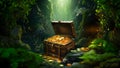 A treasure chest filled with gold coins is discovered in a mystical fairy forest cave, the scene painted in shades of