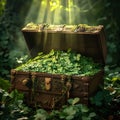 Treasure chest full of green clovers and coins. In the middle of a wild forest. Green four-leaf clover symbol of St. Patrick Royalty Free Stock Photo