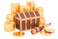 Treasure chest with gold coins and brass hand held telescope, 3D rendering