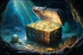 treasure chest with gold coins and light rays. Generative AI Royalty Free Stock Photo
