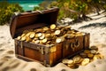 Treasure Chest Gold Coins on Tropical Beach