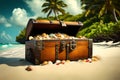 Treasure Chest Gold Coins on Tropical Beach Royalty Free Stock Photo