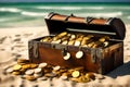 Treasure Chest Gold Coins on Tropical Beach