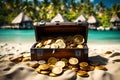 Treasure Chest Gold Coins on Tropical Beach