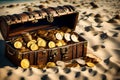 Treasure Chest Gold Coins on Tropical Beach