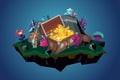 Treasure chest with golden coins and awards. Video game background. Environment with flowers. stone and prize. Cartoon