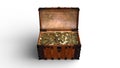 Treasure chest with golden coins, old wooden box full of gold isolated on white background, front view, 3D render Royalty Free Stock Photo