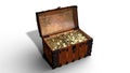 Treasure chest with golden coins, open old wooden box full of gold isolated on white background, 3D render Royalty Free Stock Photo