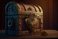 treasure chest with an intricate lock and key on a wooden background