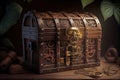 treasure chest with an intricate lock and key on a wooden background