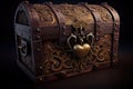 treasure chest with an intricate lock and key on a wooden background