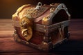 treasure chest with an intricate lock and key on a wooden background