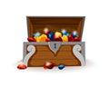 Treasure chest isometric cartoon. Wooden open box full of gold coins and jewels. Precious treasures, crystals, gems and Royalty Free Stock Photo